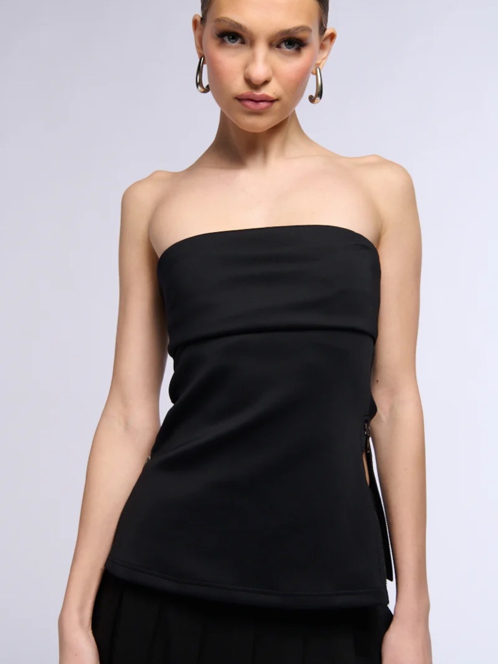 Black Strapless Top with Side Zip Detail